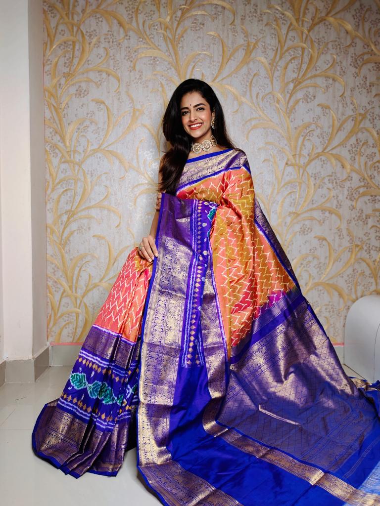 Orange and blue Ikkat Pure Pochampally Handloom Saree