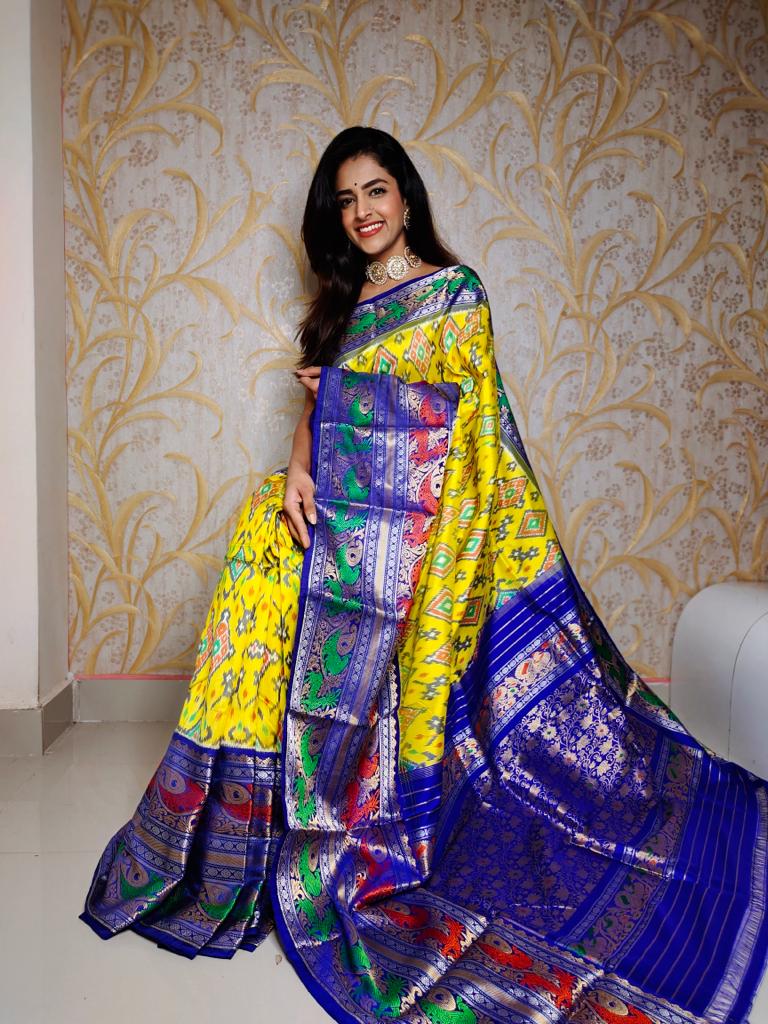 Yellow and royal blue Ikkat Pure Pochampally Handloom Saree