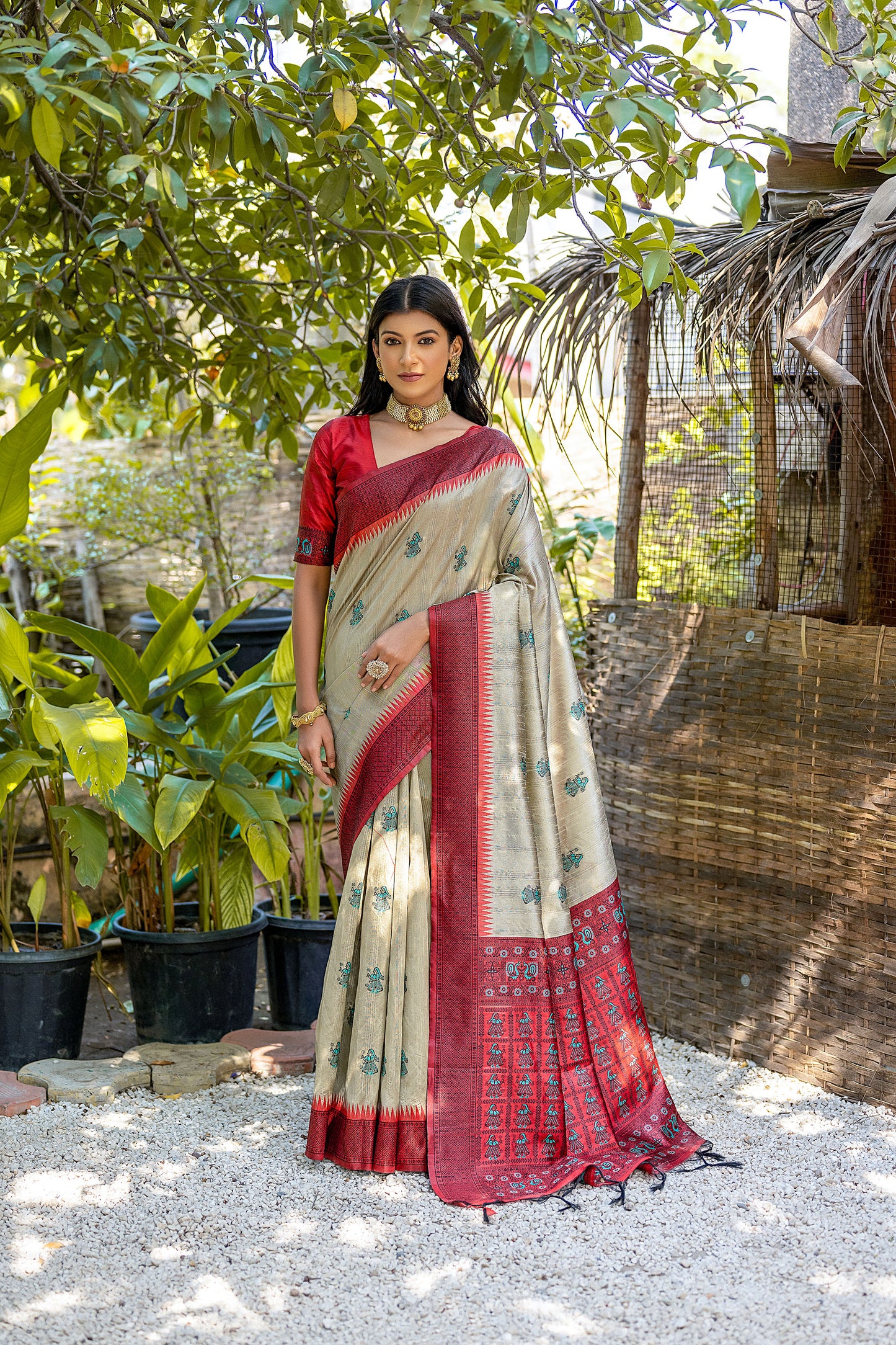 Cream Handloom Bulchari Tussar silk Zari woven Meenakari Saree