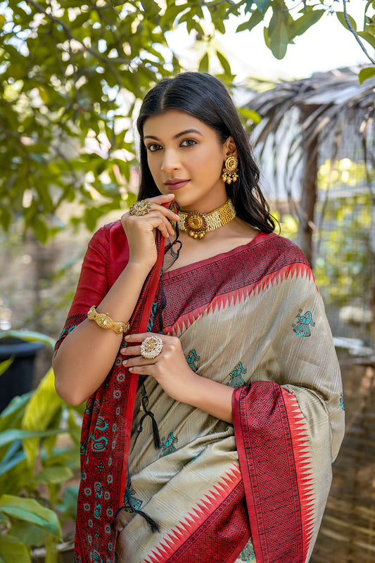 Cream Handloom Bulchari Tussar silk Zari woven Meenakari Saree