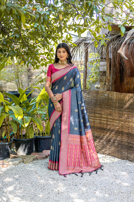 Grey Handloom Bulchari Tussar silk Zari woven Meenakari Saree