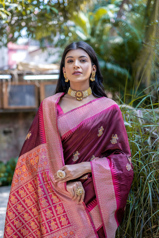 Maroon Handloom Bulchari Tussar silk Zari woven Meenakari Saree