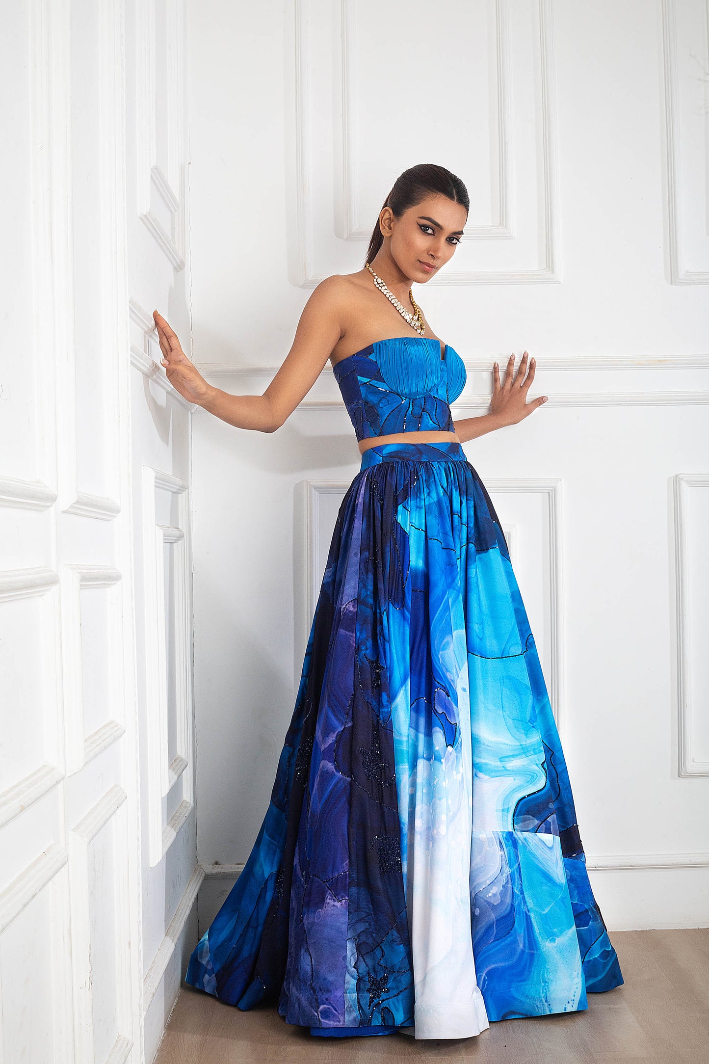 Blue Crepe Tube Top Skirt Set