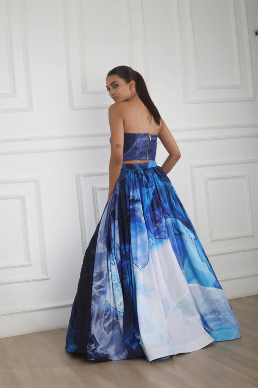Blue Crepe Tube Top Skirt Set