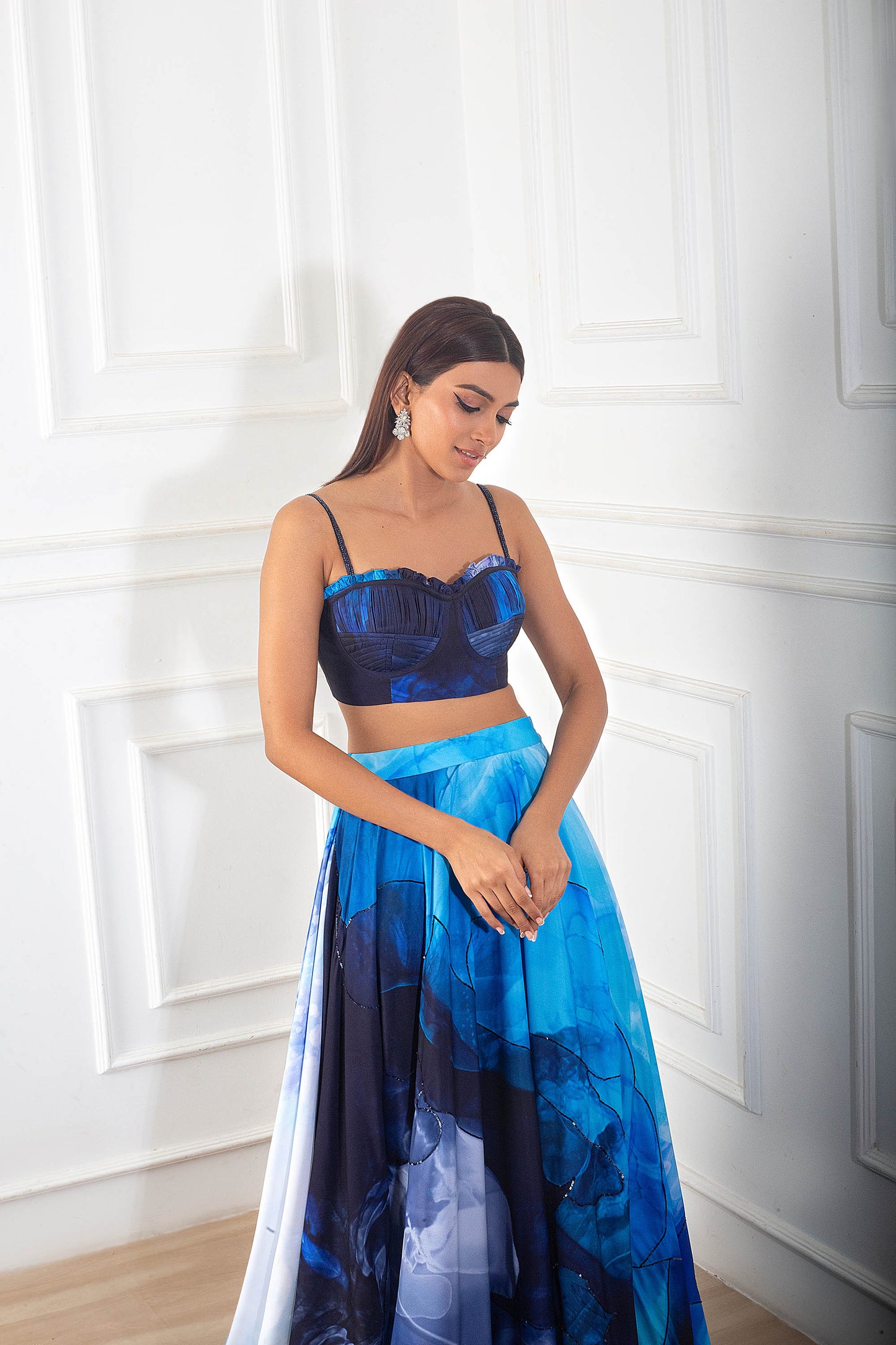 Blue Crepe Quilted with Printed Skirt Set