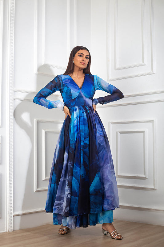 Blue Crepe Printed Anarkali Set