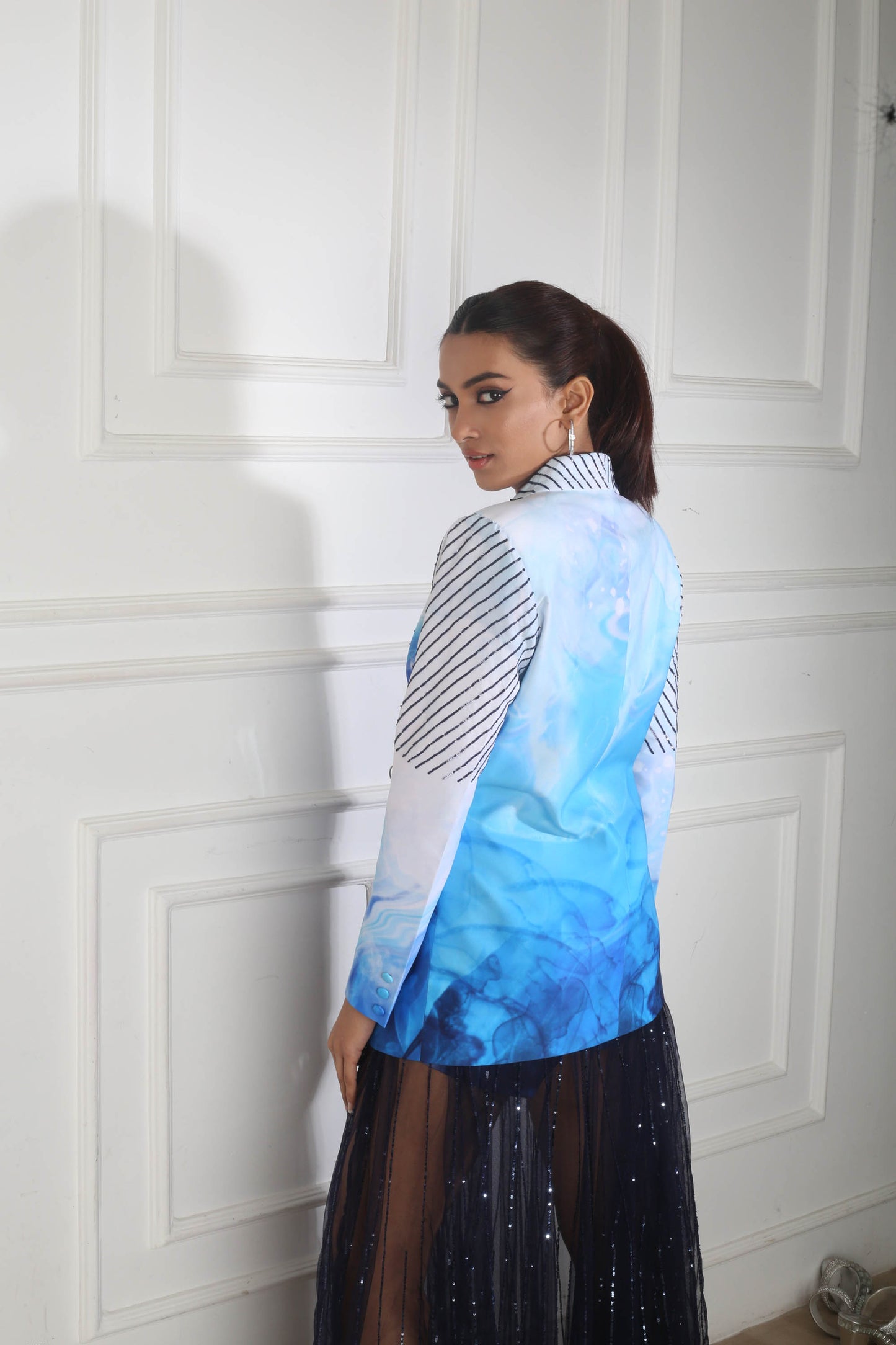 Blue Soft net Printed Blazer Set