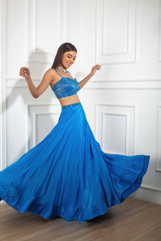 Teal Blue Crepe Lehenga Set