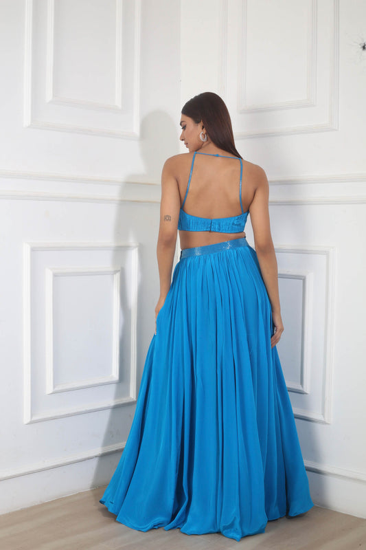 Teal Blue Crepe Ruched Skirt Set