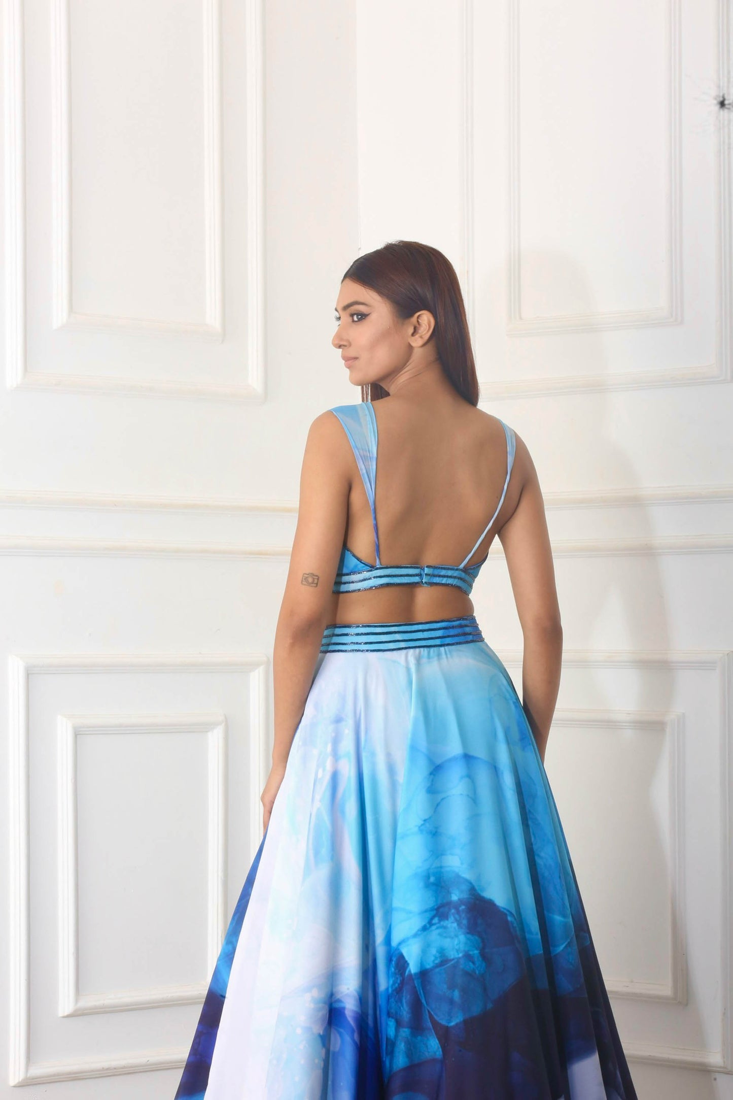 Blue Crepe Twisted Printed Lehenga Set