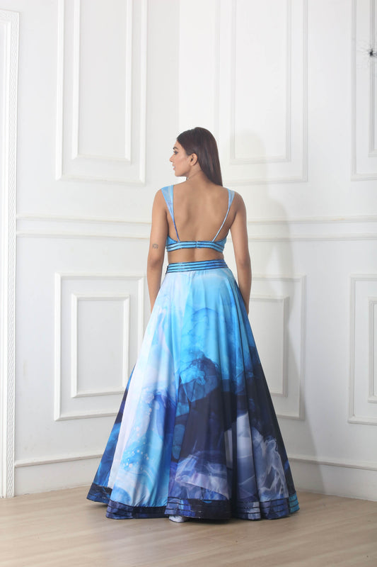 Blue Crepe Twisted Printed Lehenga Set