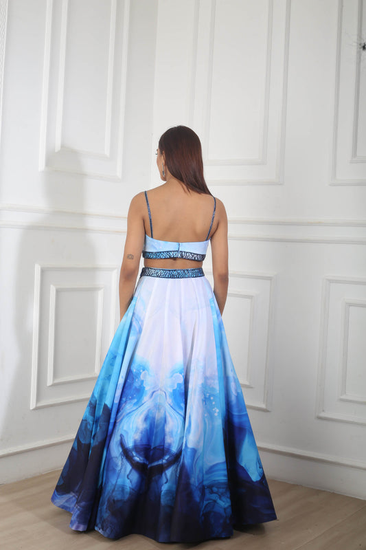White& Blue Crepe Printed Lehenga Set