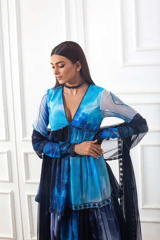 Peplum Chiffon Printed Lehenga Set