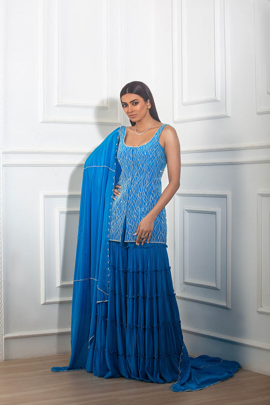 Teal Blue Crepe Sharara Set