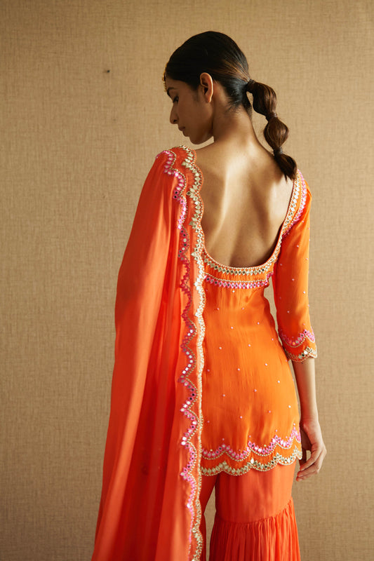 Orange Crepe Sharara Set