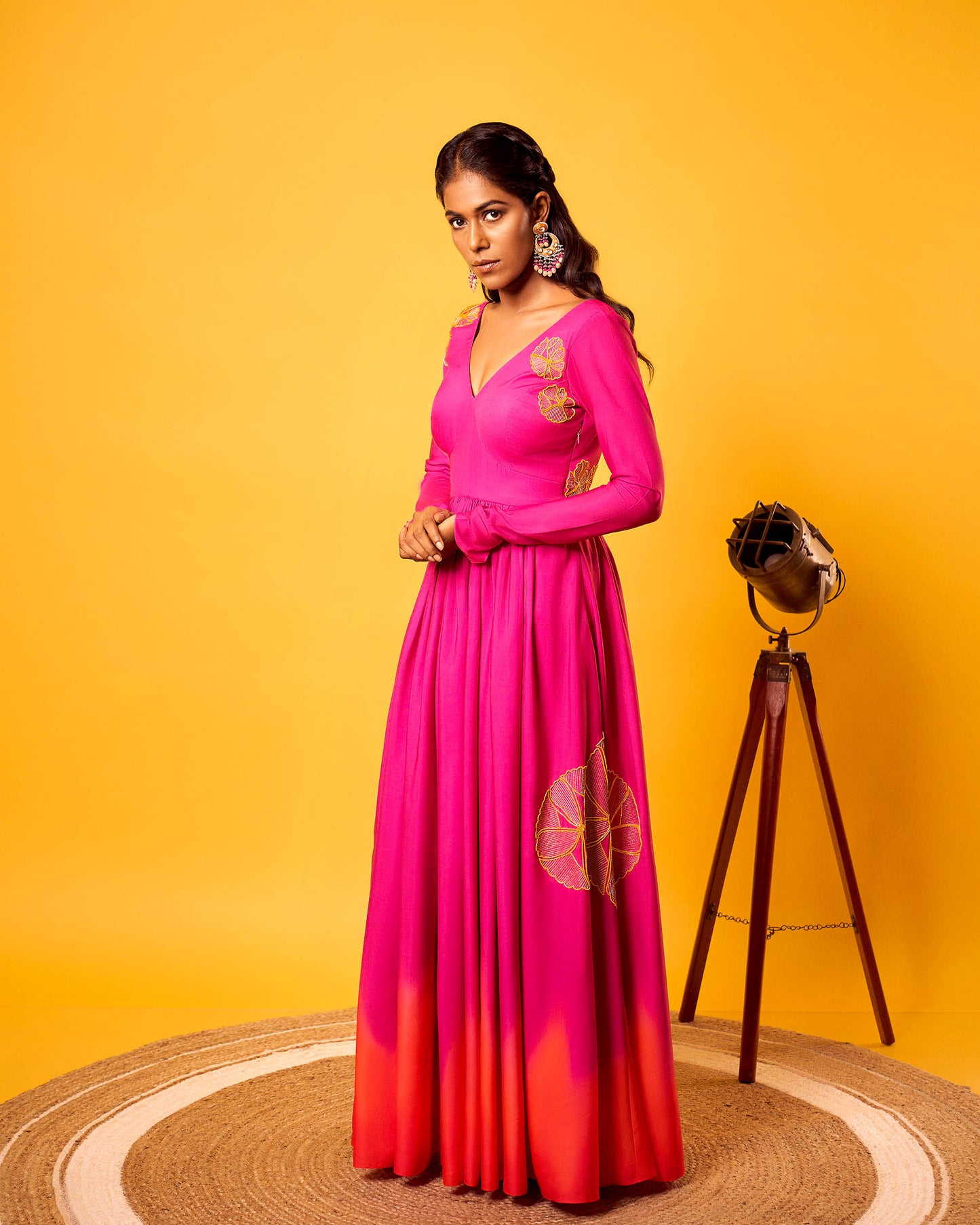 Pink-Orange Ombre Crepe Flower Anarkali Set