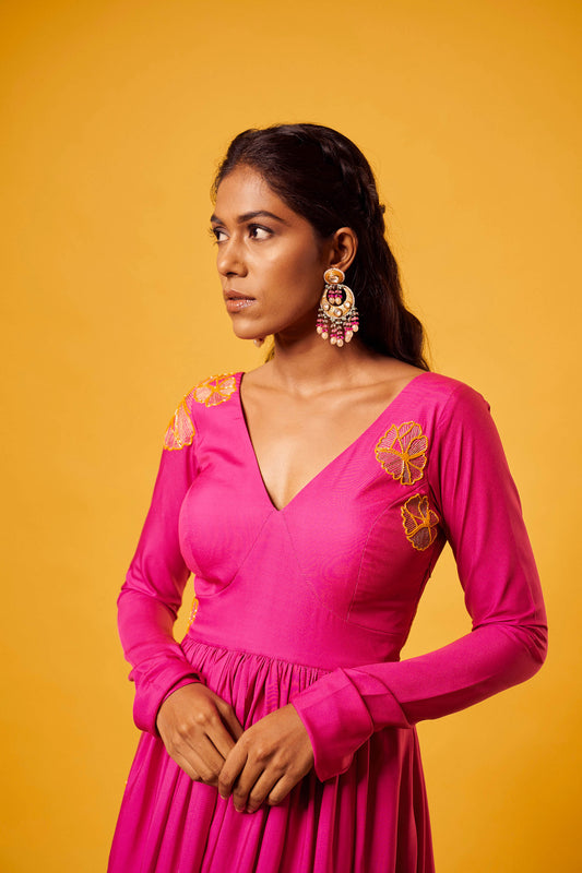 Pink-Orange Ombre Crepe Flower Anarkali Set