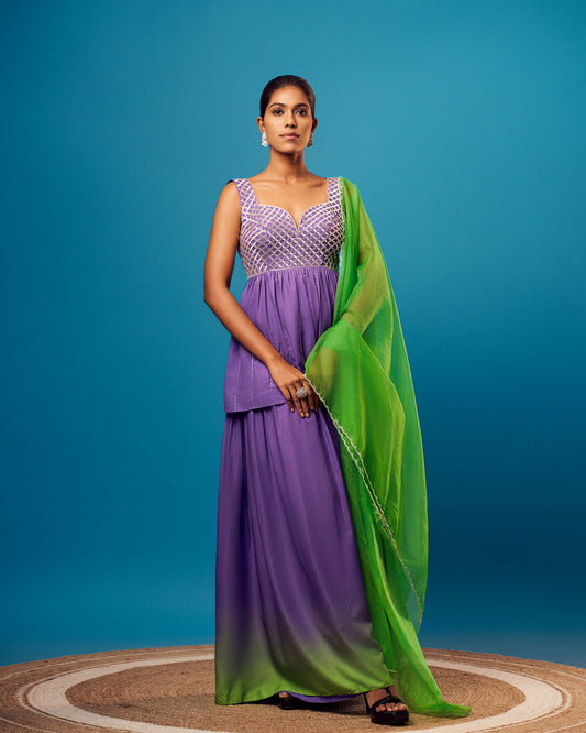 Purple-Green Ombre French Crepe Criss-Cross Peplum Set