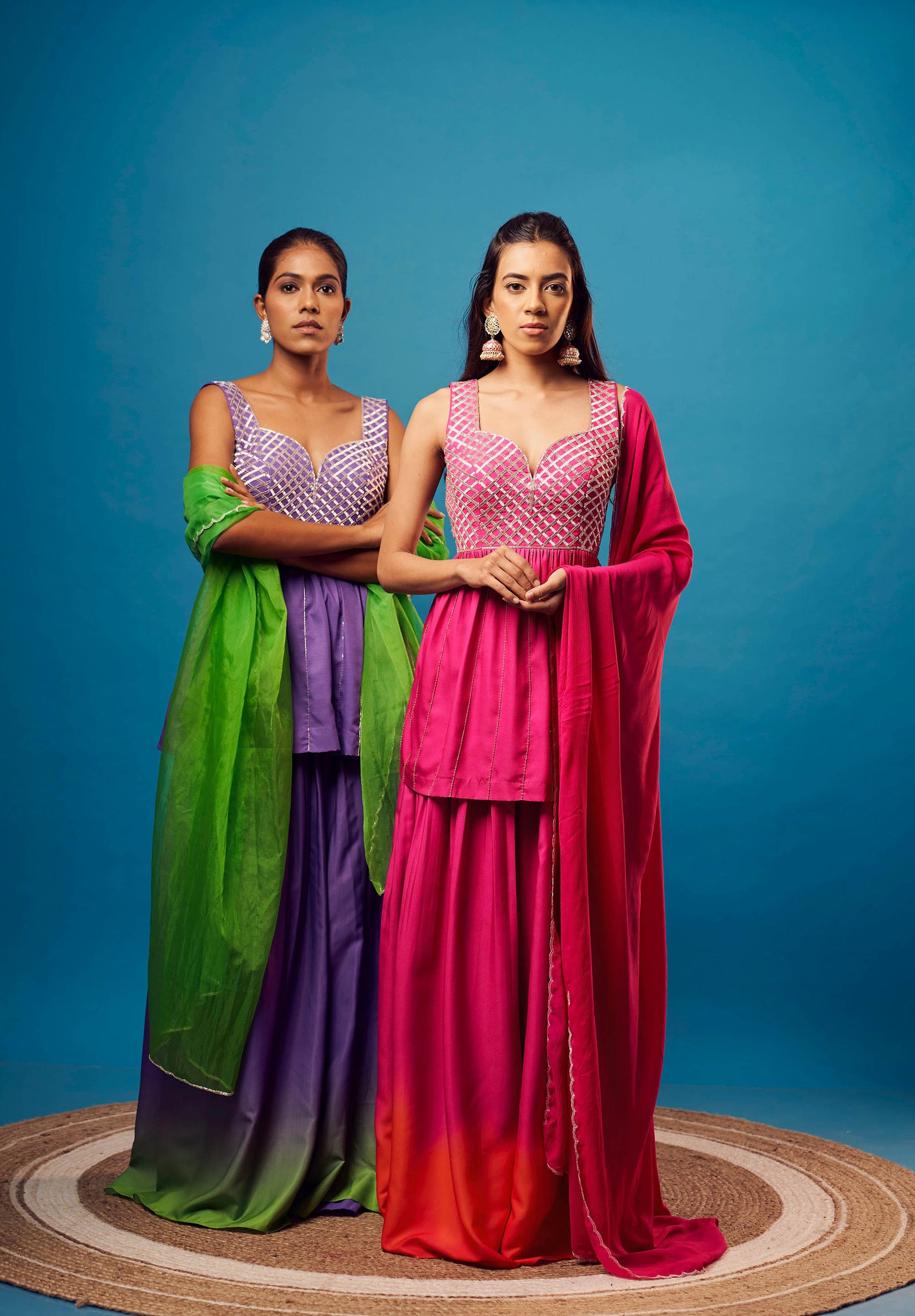 Purple-Green Ombre French Crepe Criss-Cross Peplum Set