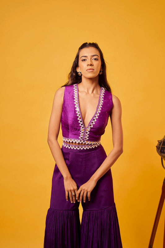 Purple Silk Mirror-work Sharara Set