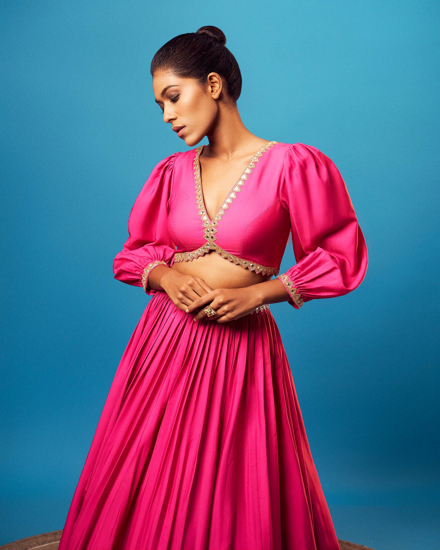 Pink-Orange Ombre French Crepe Balloon Sleeve Skirt Set