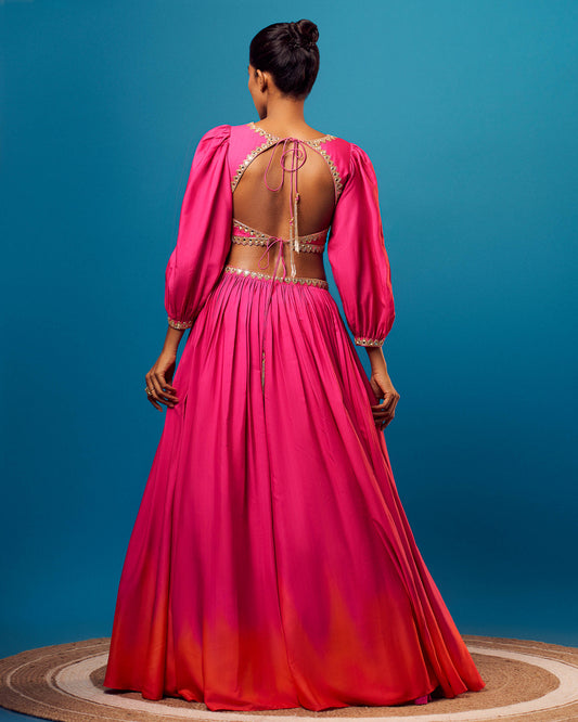 Pink-Orange Ombre French Crepe Balloon Sleeve Skirt Set