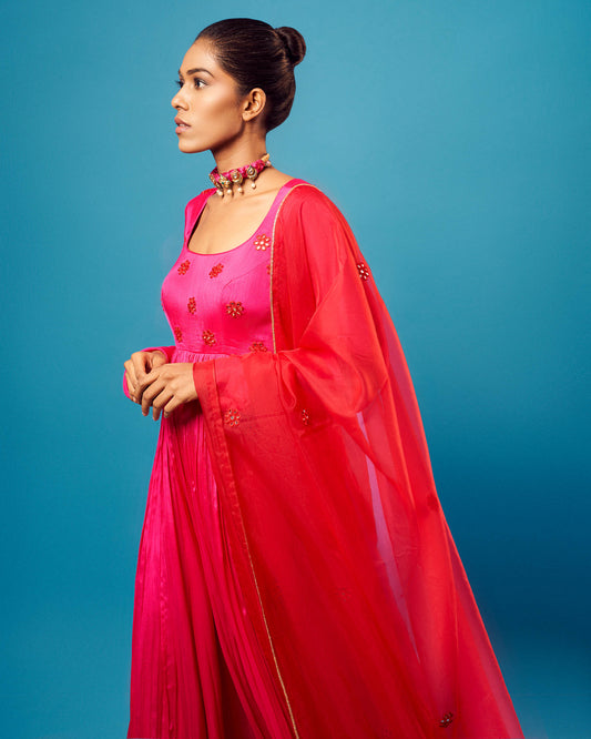 Fuchsia Pink Crepe Mirror-work Anarkali Set