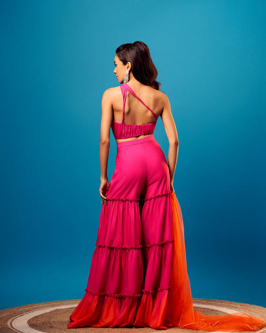 Pink-Orange Ombre French Crepe One Shoulder Tiered Sharara Set