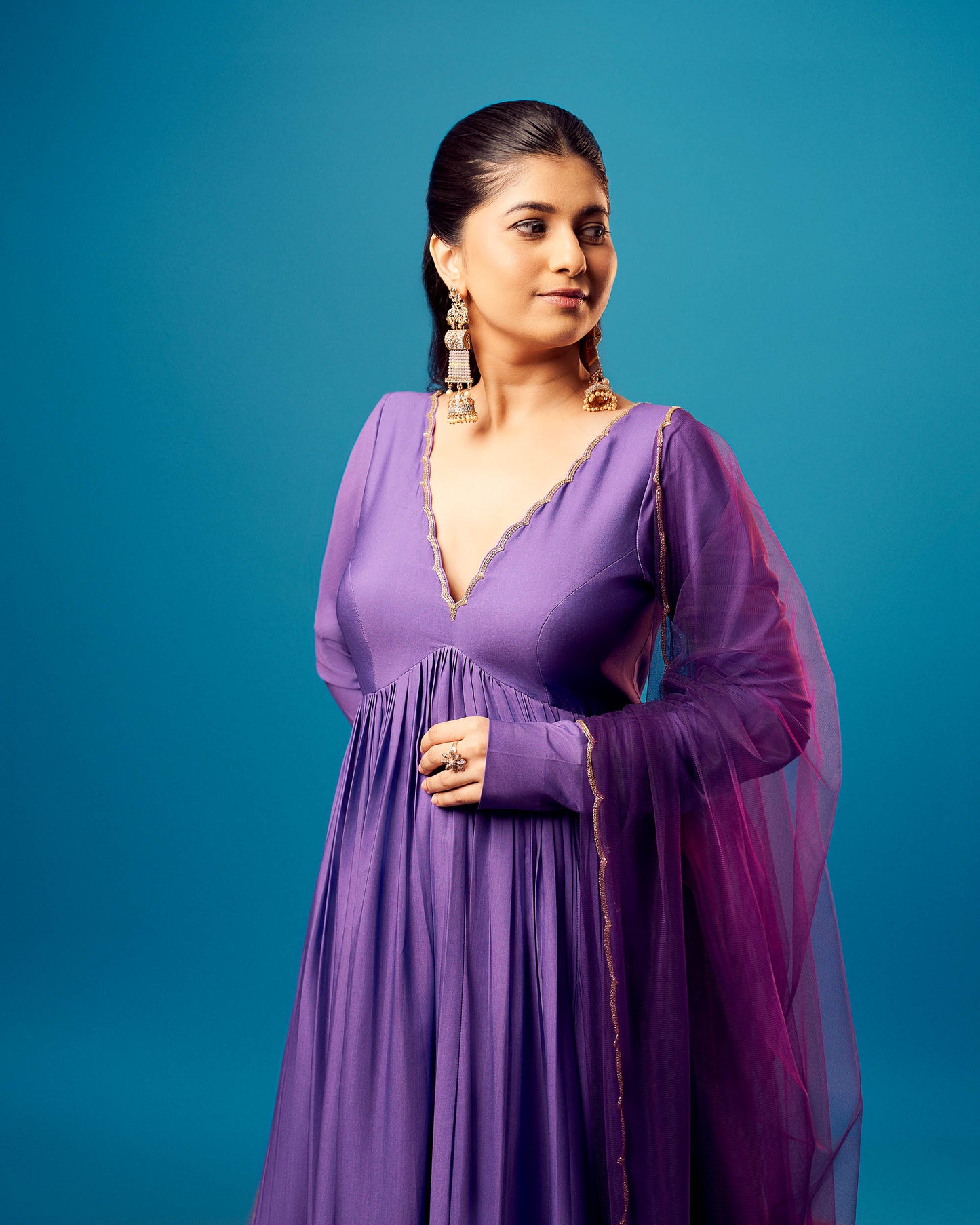 Purple-Green Ombre French Crepe Scallop Anarkali Set