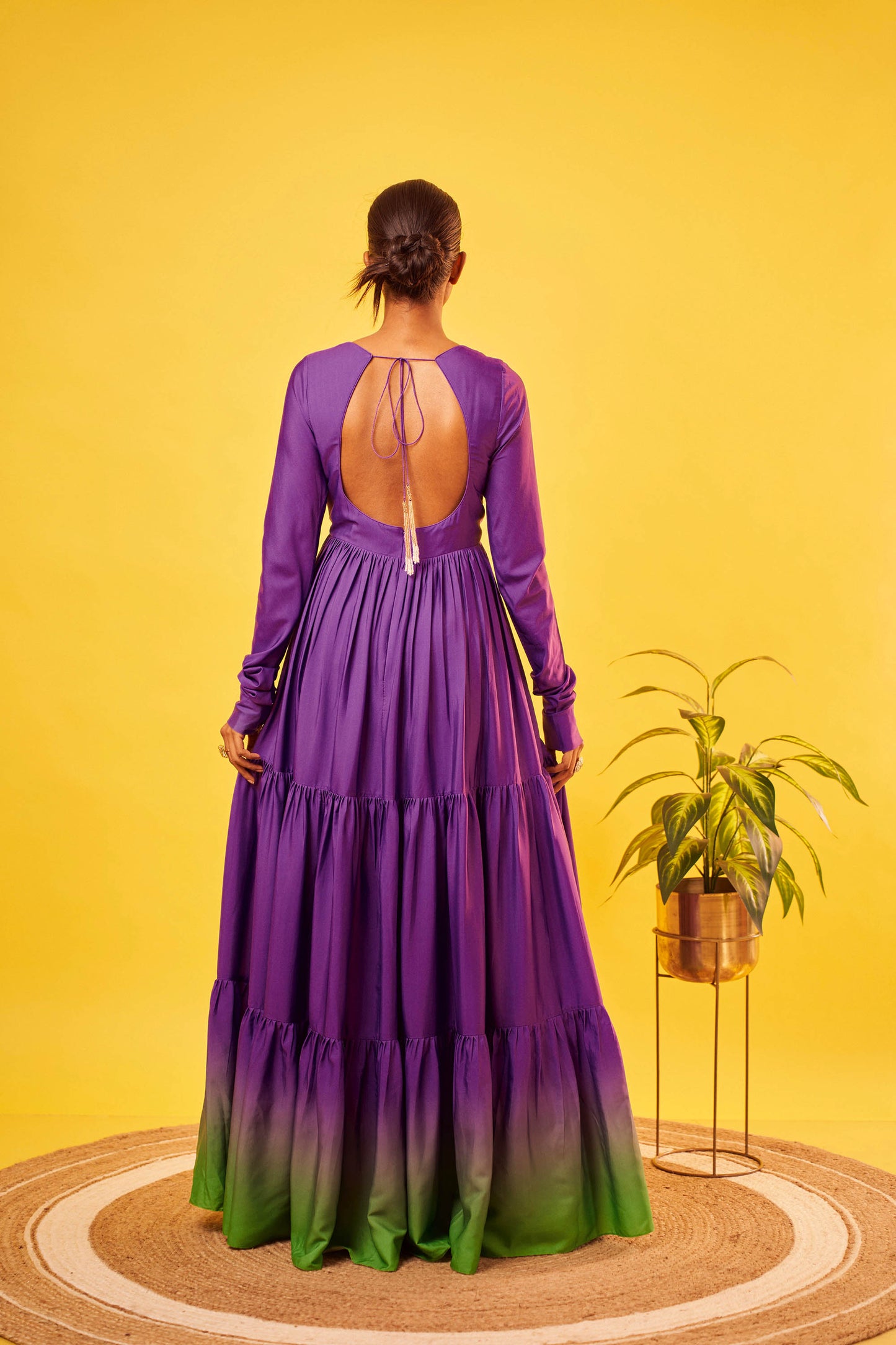 Purple-Green Ombre French Crepe Tiered Anarkali Set