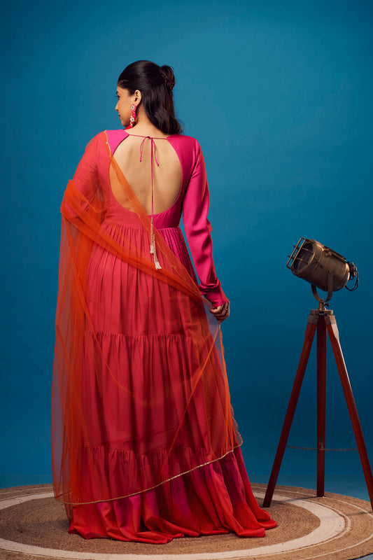 Pink-Orange Ombre French Crepe Tiered Anarkali Set