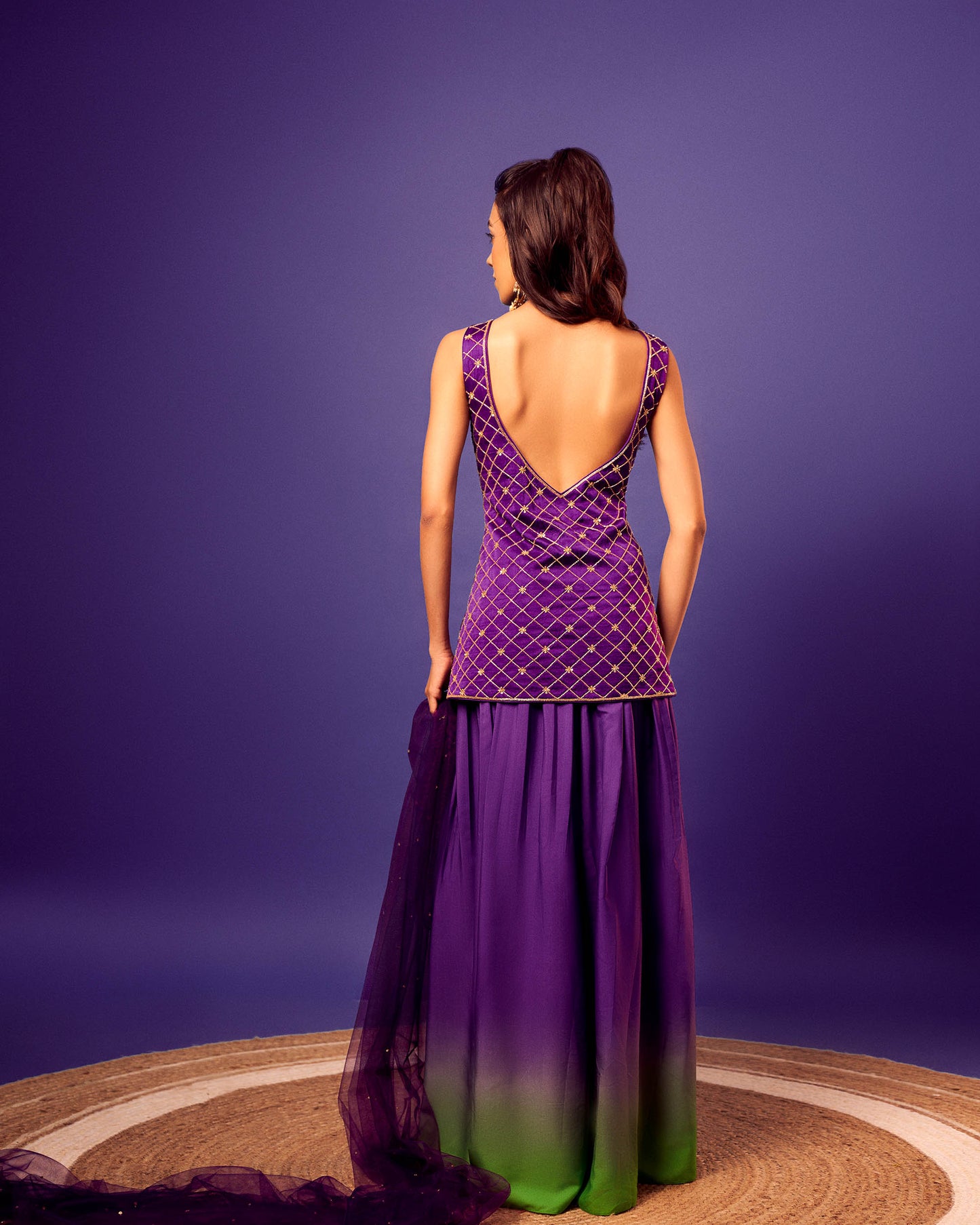 Purple-Green Ombre Silk Checks Set