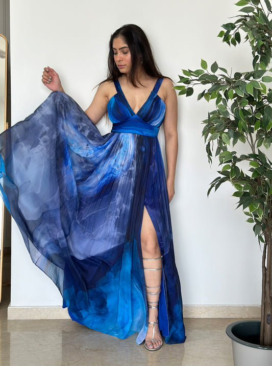 Blue Printed Chiffon Party wear Long Dress