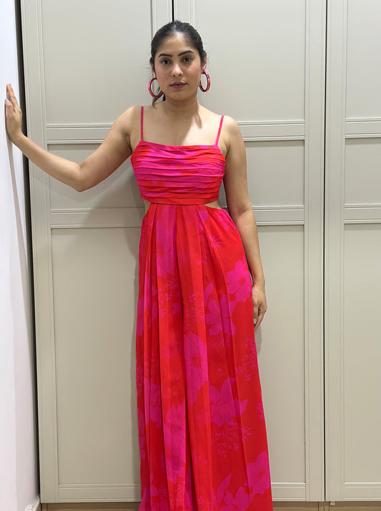 Pink and Red Printed Georgette Pool party Jumpsuit
