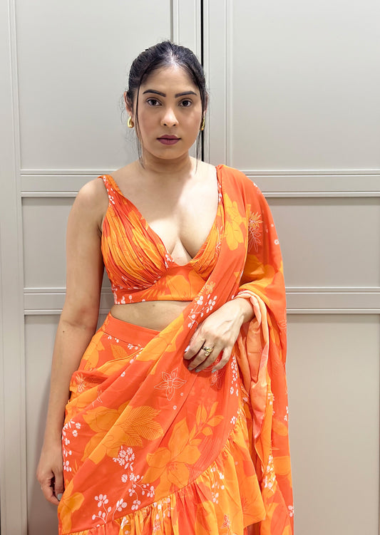 Yellow and Orange Printed Drape Wedding saree