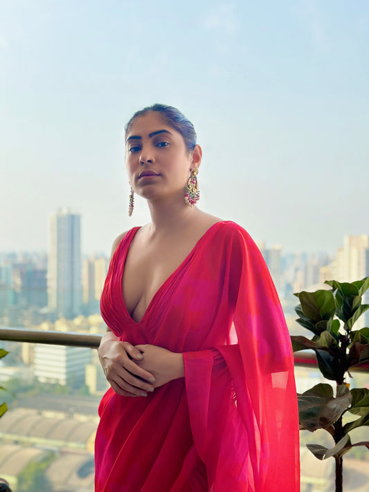 Pink and Red Printed Drape Floral Saree