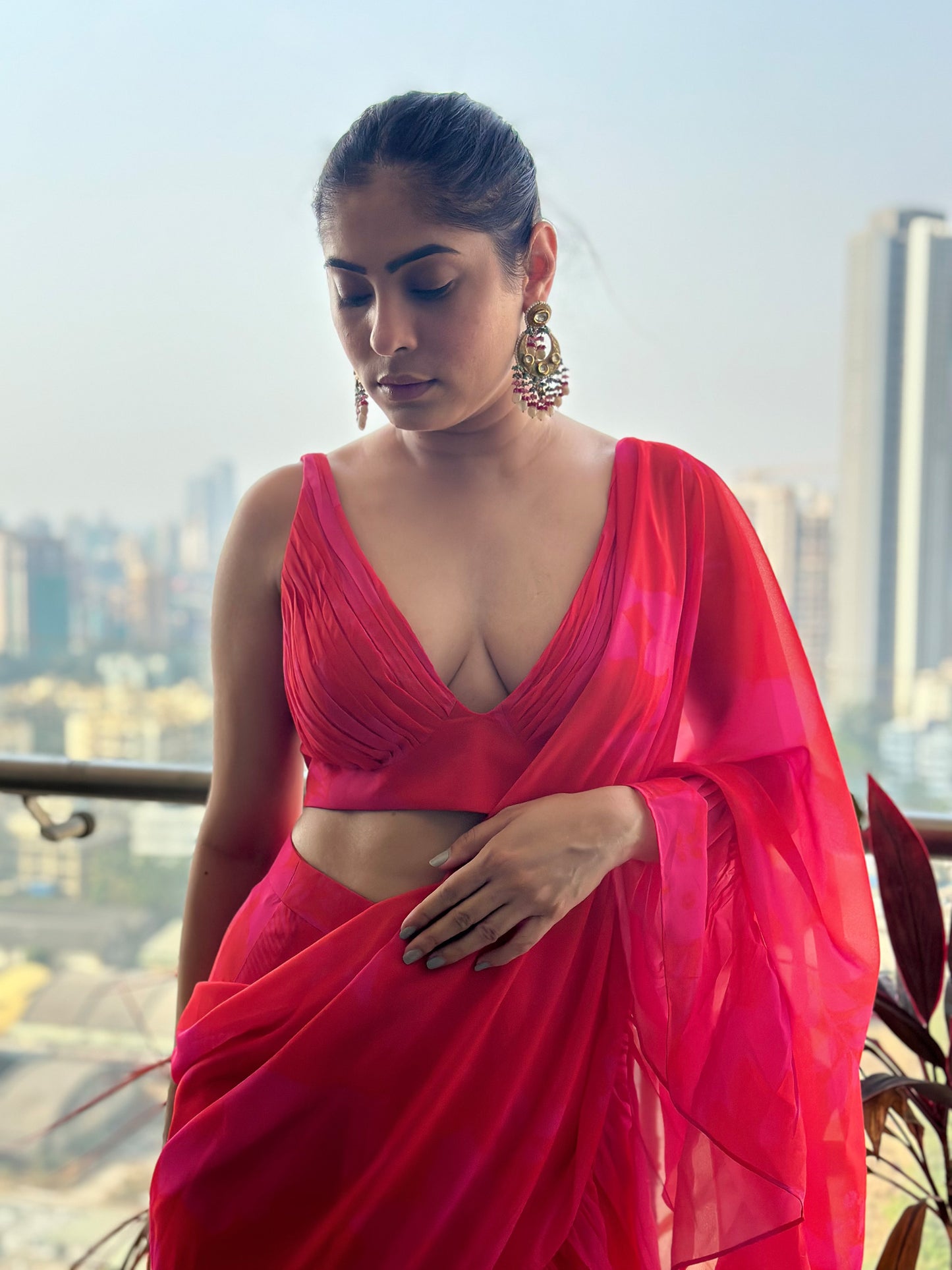 Pink and Red Printed Drape Floral Saree