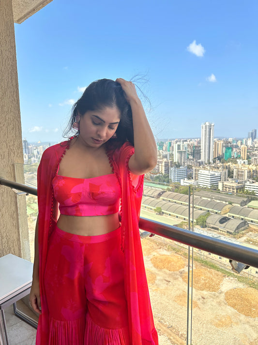 Pink and Red Printed Wedding Guest sharara