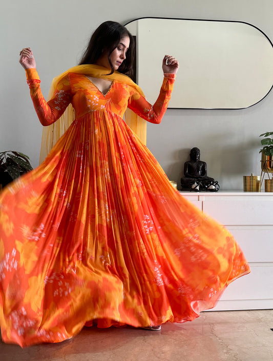 Yellow and Orange Printed Scallop Anarkali Set