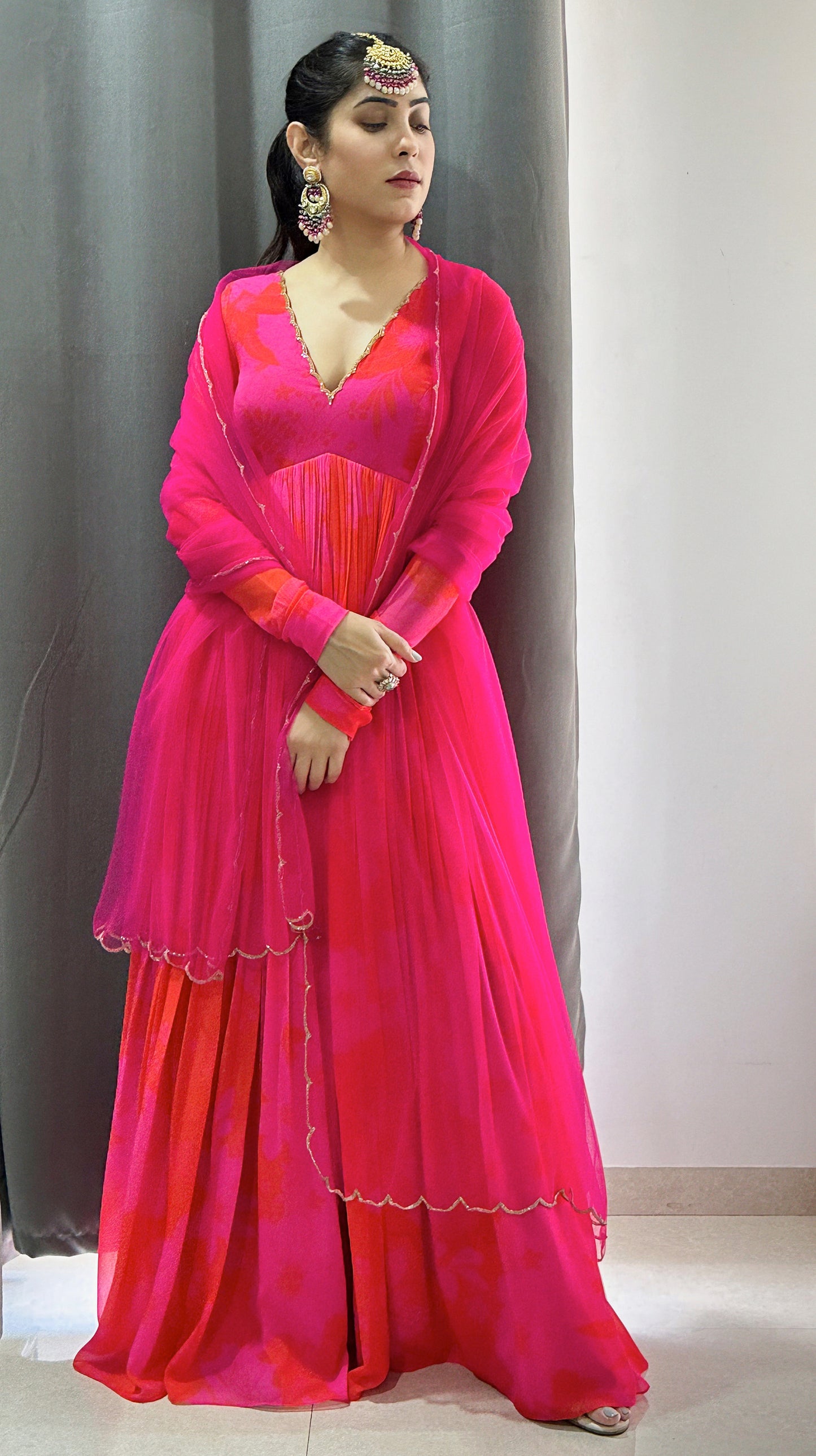 Pink and Red Printed Scallop Designer Anarkali Set