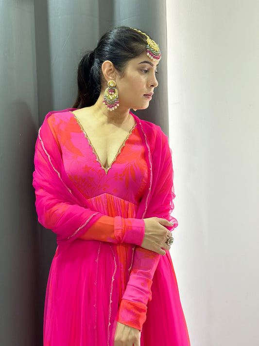 Pink and Red Printed Scallop Designer Anarkali Set