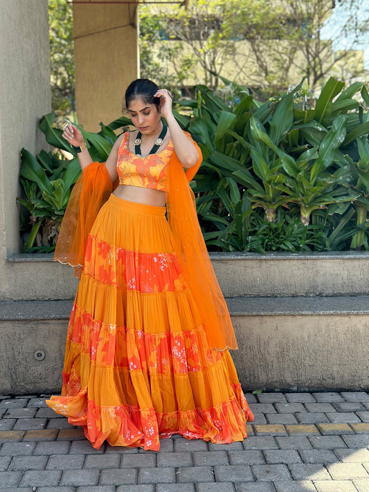 Yellow and Orange Printed Tiered Designer Lehenga Set