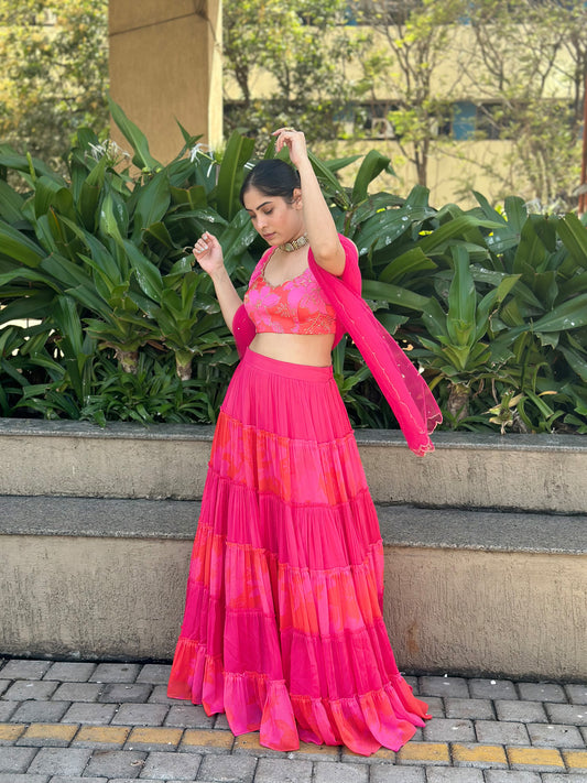Pink and Red Printed Tiered Designer Lehenga Set