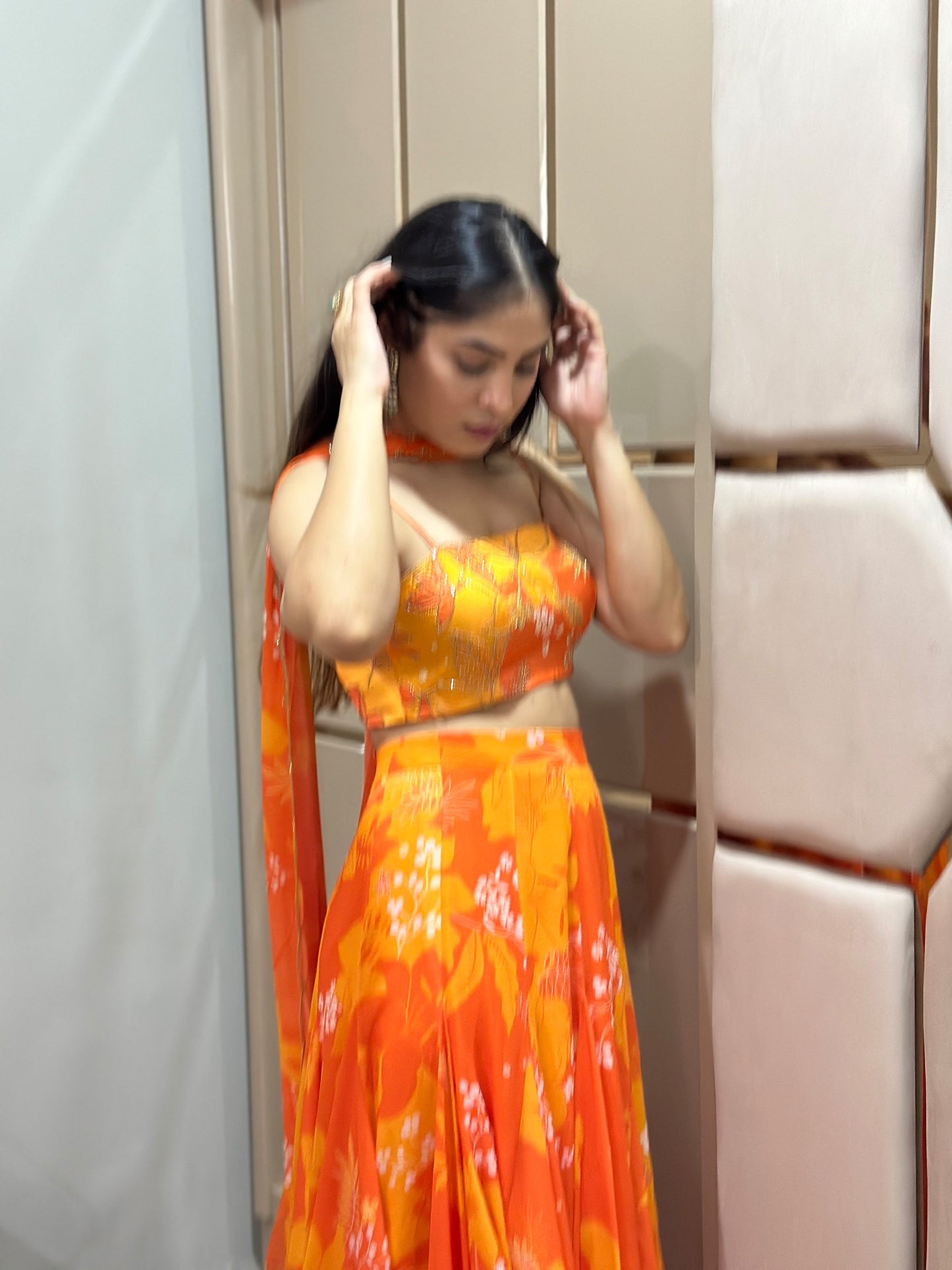 Yellow and Orange Printed High-Low Designer Skirt Set