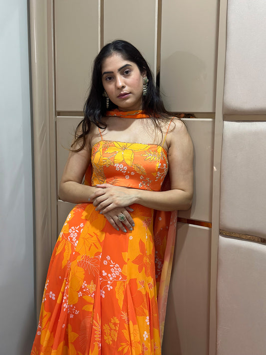 Yellow and Orange Printed High-Low Designer Skirt Set