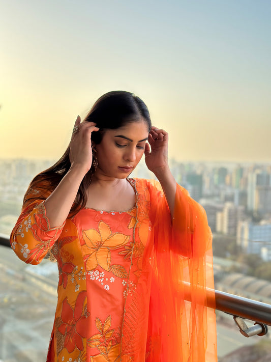 Yellow and Orange Printed Scoop Scallop Festive Sharara Set