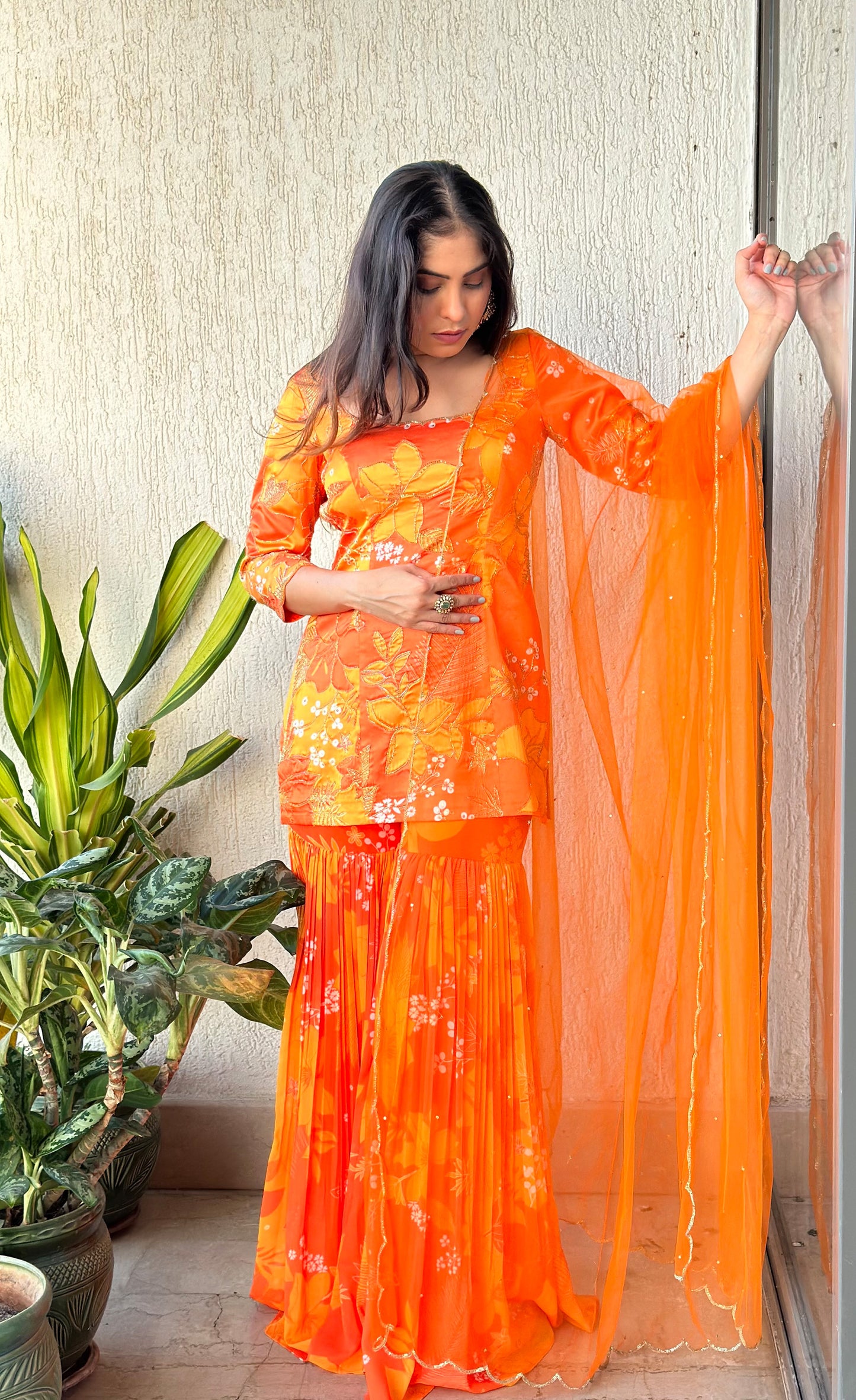 Yellow and Orange Printed Scoop Scallop Festive Sharara Set