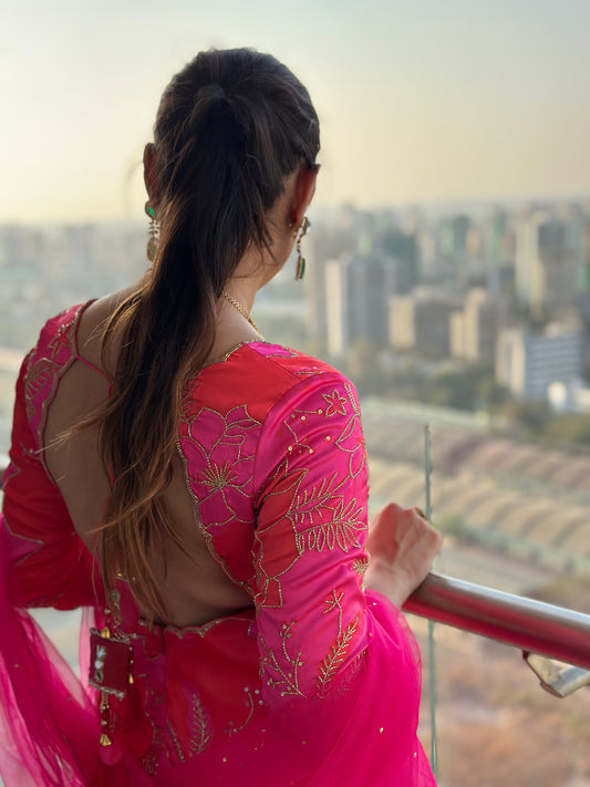 Pink and Red Printed Scoop Scallop Wedding Guest Sharara Set