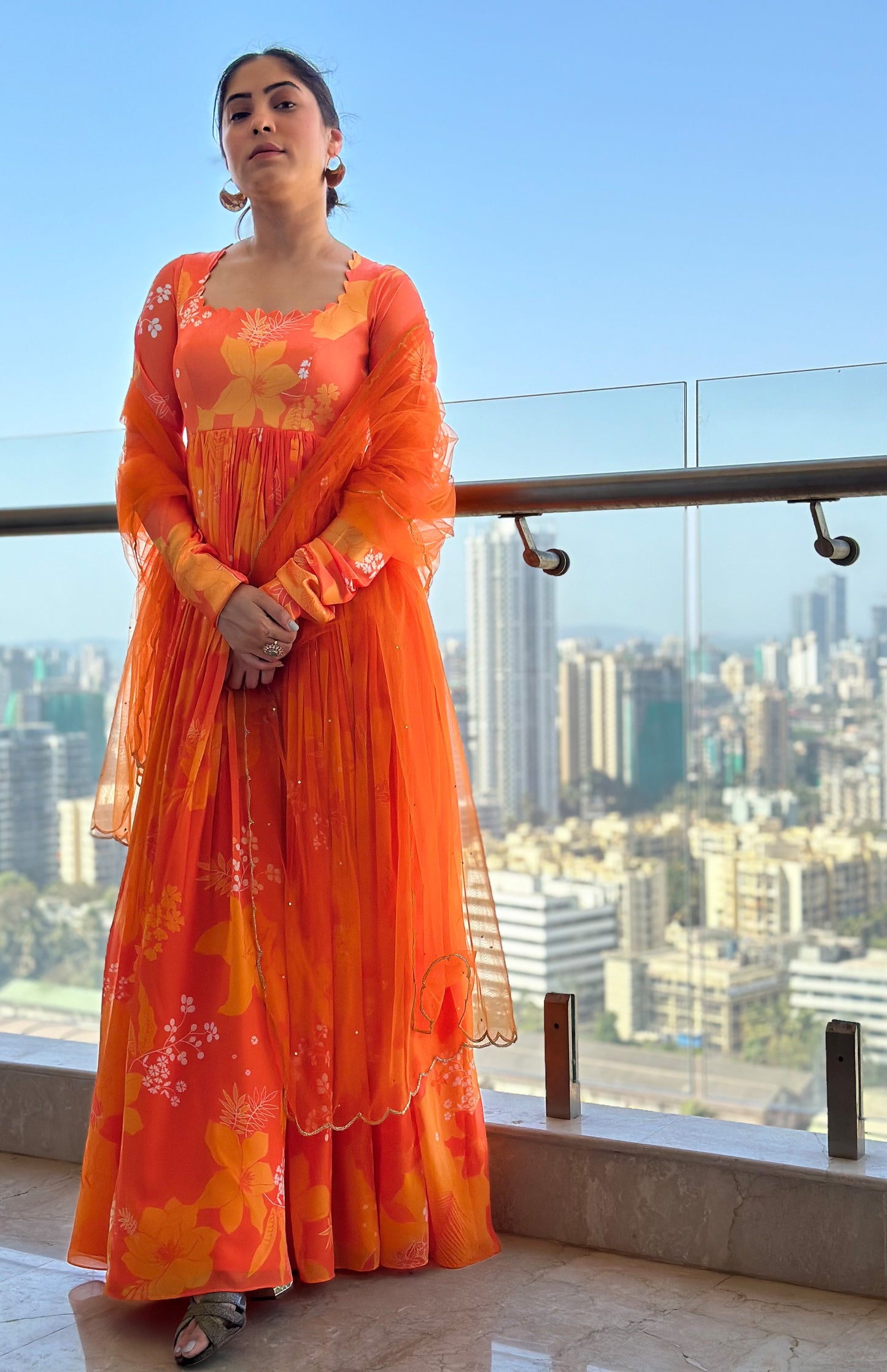 Yellow and Orange Printed Self Scallop Designer Anarkali Set