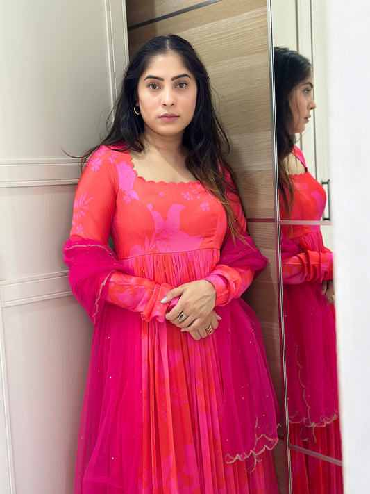 Pink and Red Printed Self Scallop Festive Anarkali Set